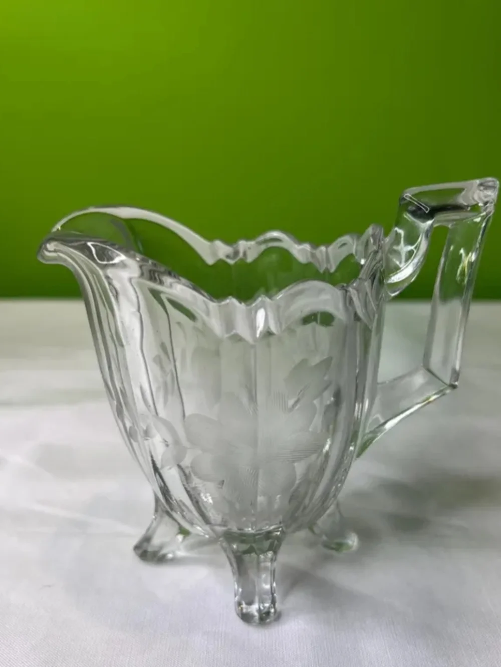 Vintage Clear Cut Indiana Glass 4 Footed Creamer with Etched Floral Design